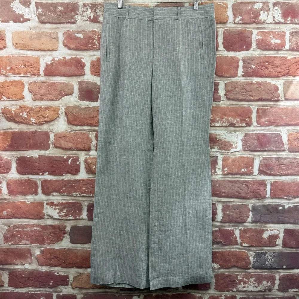 Banana Republic Martin Fit Pants Women's 12L Gray Striped 100% Linen Trousers